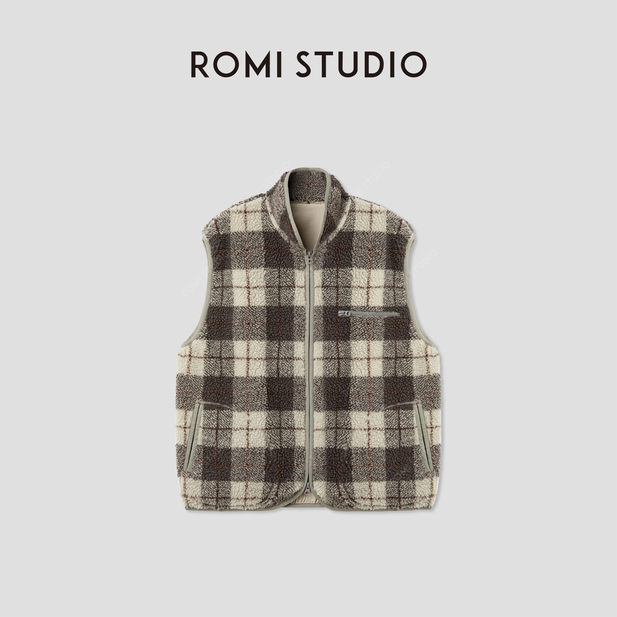 ROMI STUDIO“复古时髦”秋冬百搭格纹羊羔绒马甲背心RWCAW65080