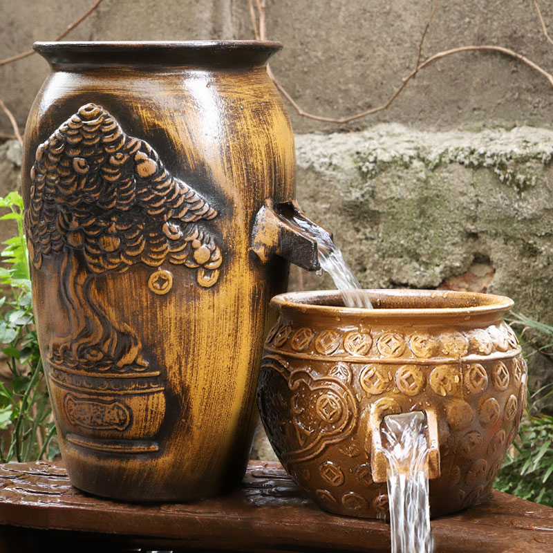 流水摆件陶罐循环水古法生态鱼缸瀑布造景全套养鱼过滤器陶瓷阳台