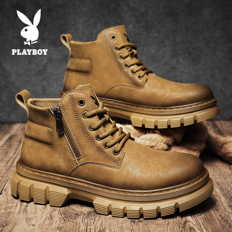 PLAYBOY/花花公子男鞋秋冬户外复古休闲工装鞋男士登山高帮马丁靴