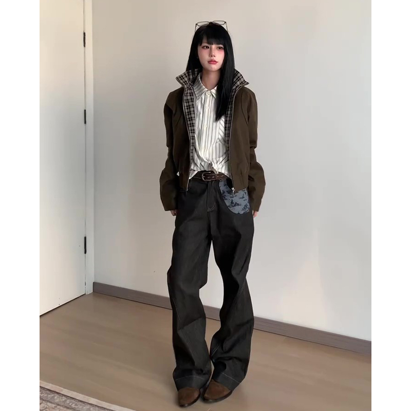 深棕色格纹拼接翻领夹克男款春秋潮牌小众设计感美式短款工装外套