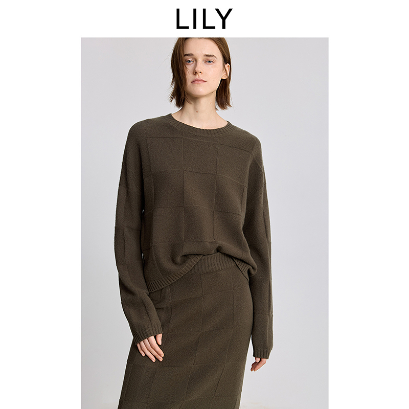 100%羊毛LILY2025冬新款女装复古格纹针织衫套头毛衣125409TK320