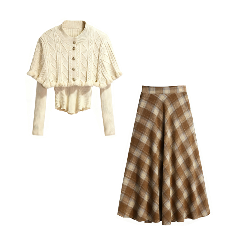 秋冬穿搭一整套女新款法式斗篷毛衣美拉德高腰长裙三件套装2842