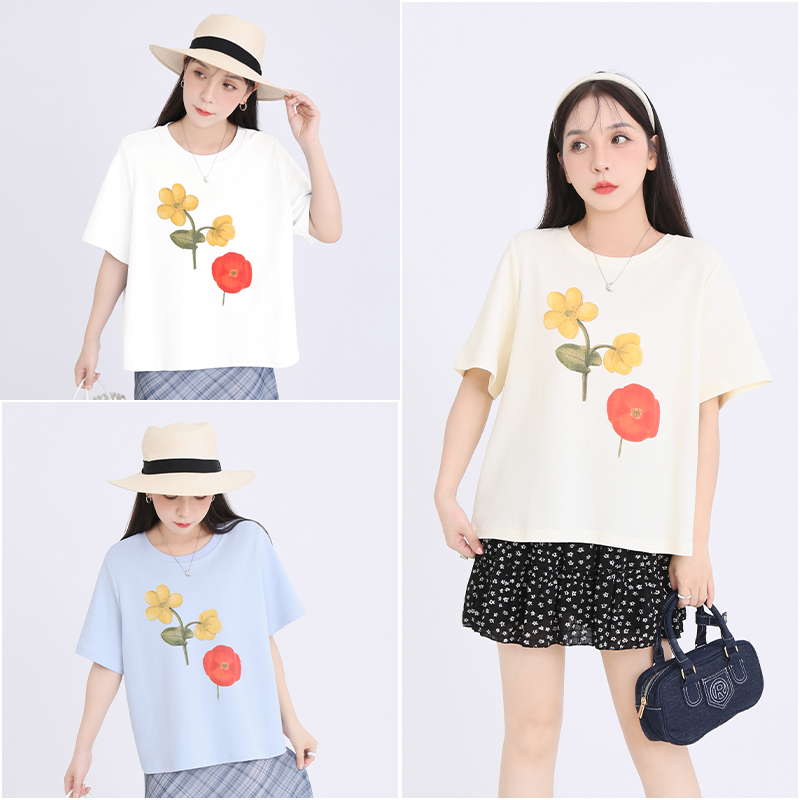 【涵胖胖】清 圆领小清新百搭 花朵印花T 2851