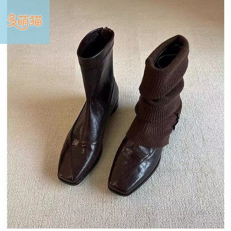 复古低跟瘦瘦靴后拉链方头显瘦弹力靴女新款百搭通勤气质短靴