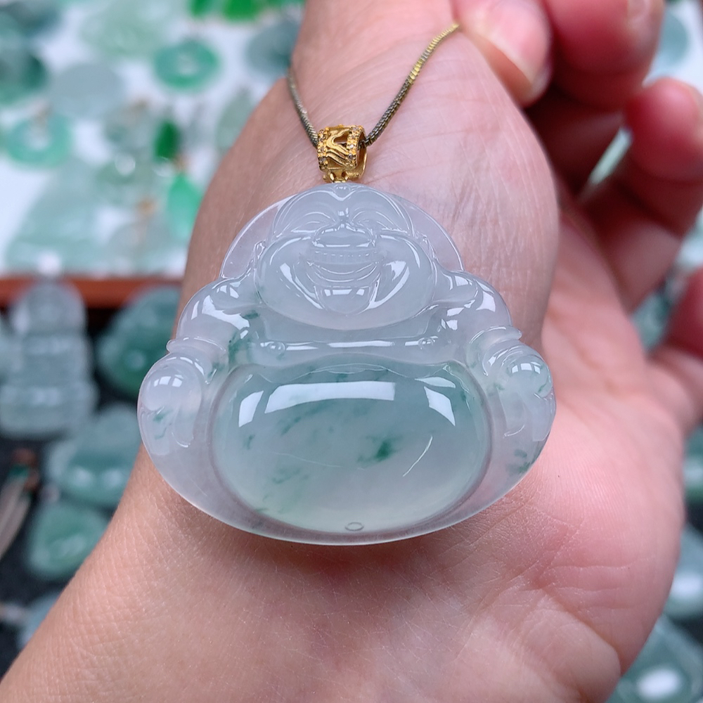 翡翠A货 18k金扣头冰润冰飘花佛公吊坠 尺寸30.8×34.7×6.3