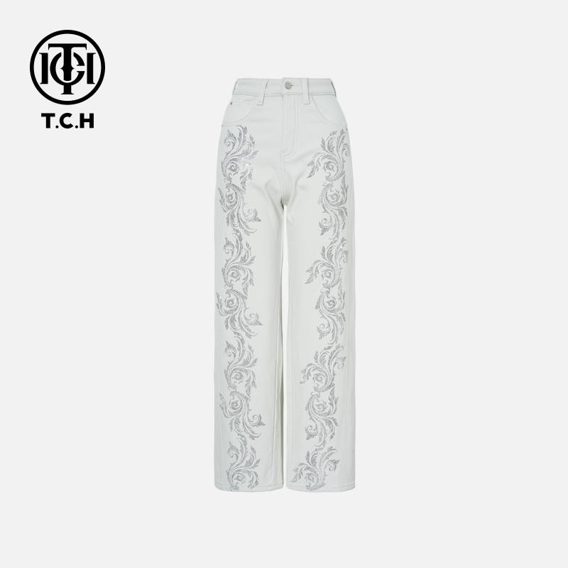 TCH私服秋冬氛围感烫钻时尚淑女休闲牛仔灰牛仔裤女T75D20E1059