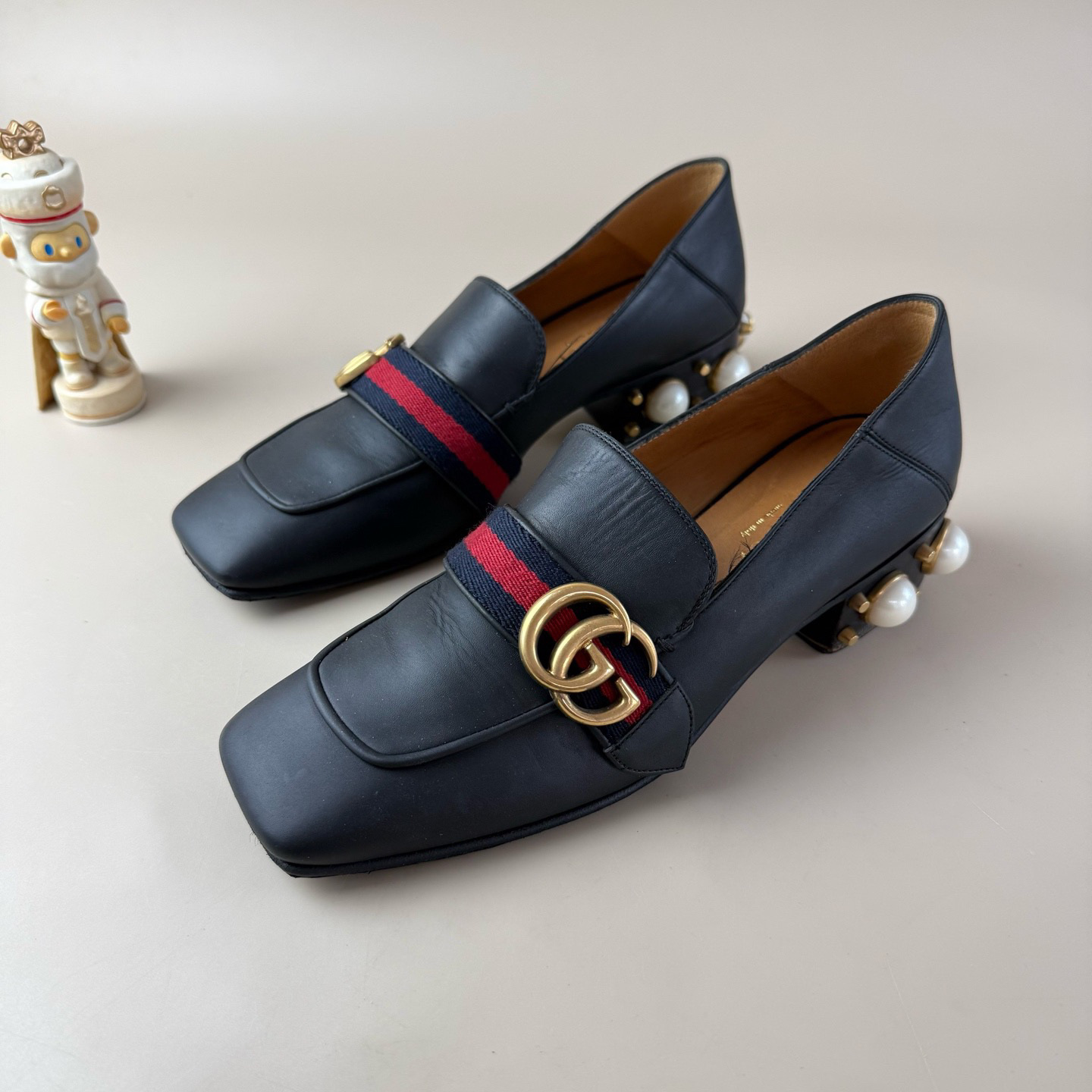 99新 GUCCI/古驰 双G珍珠绑带乐福鞋 36.5码 YLP4296