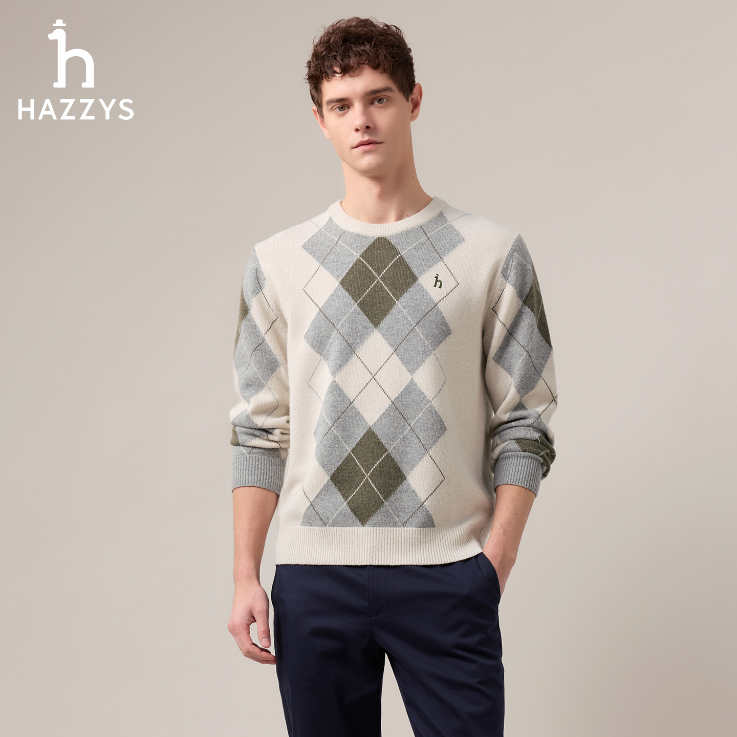 【商场同款】HAZZYS哈吉斯秋冬季男士羊毛衫时尚休闲针织衫复古毛衣