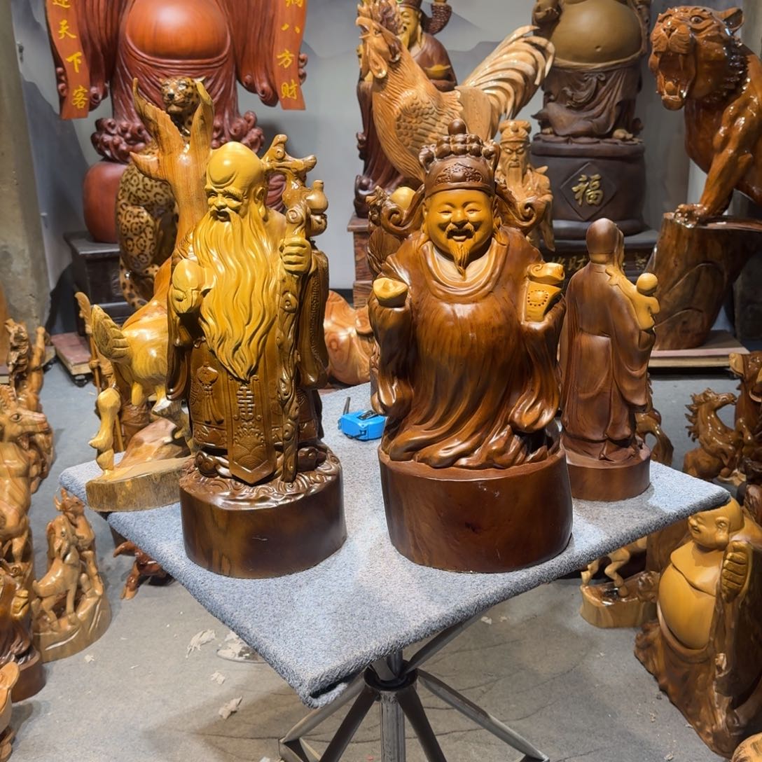 香樟木古**涯香樟木财神寿星摆件