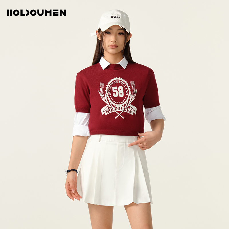 Holdoumen25夏季日常系列短款徽章提花针织衫