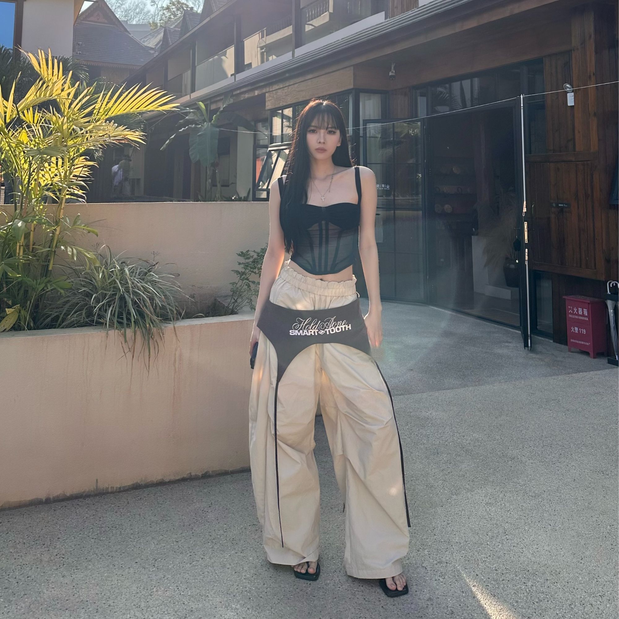 HottieDiary 美式复古小众设计感撞色绑带廓形裤阔腿百搭宽松