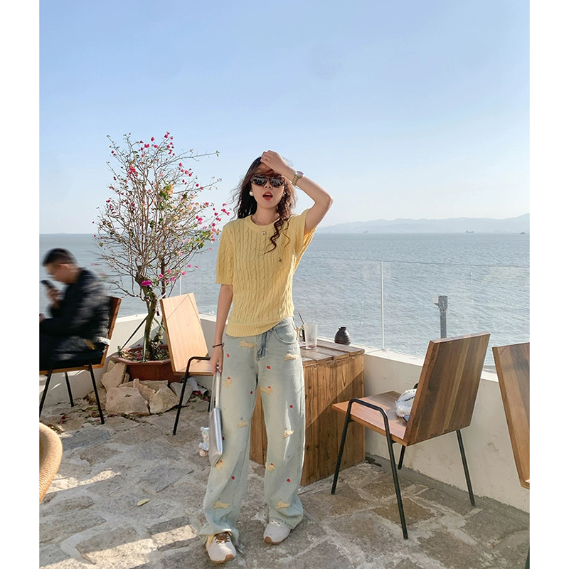 【抹茶绿】3706超柔软高品质圆领短袖针织毛衣