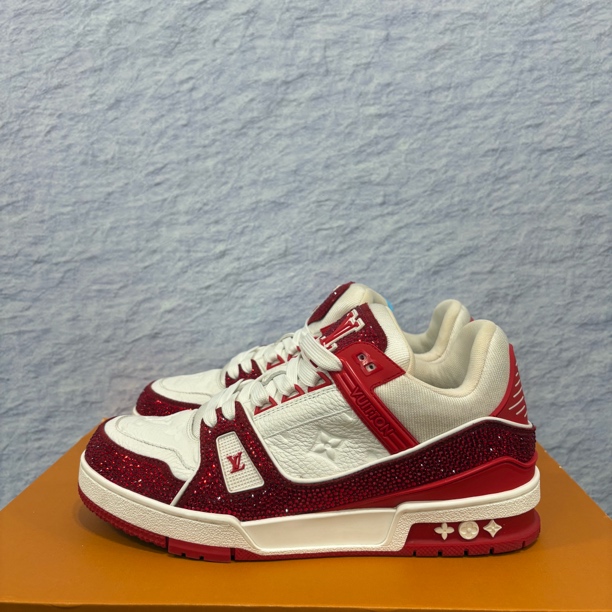 99新 LouisVuitton/路易威登 40码 LV trainer 白红半钻 板鞋 