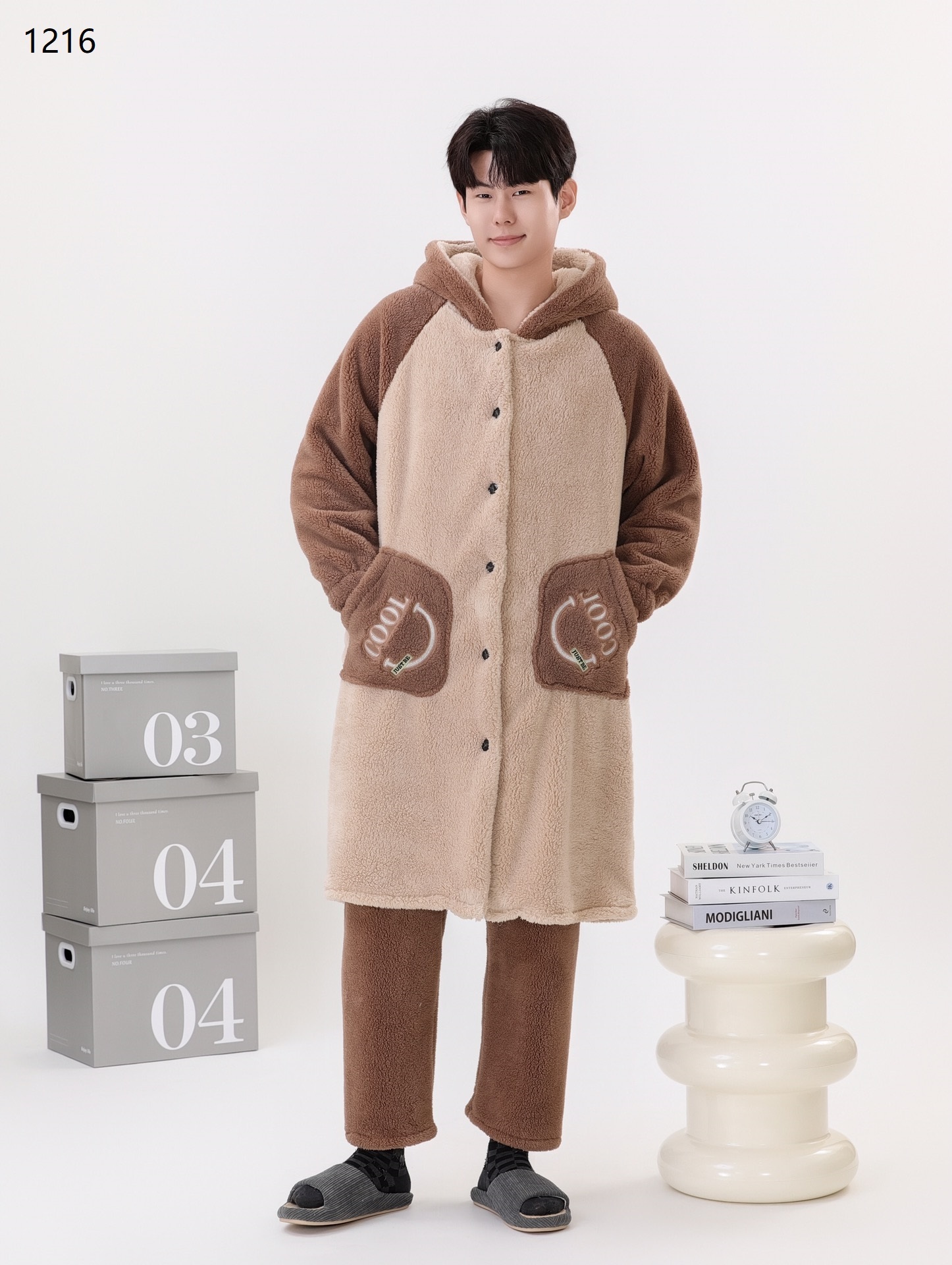 雪花绒袍套加裤子家居服带帽套装法兰绒睡衣男款袍子绒料