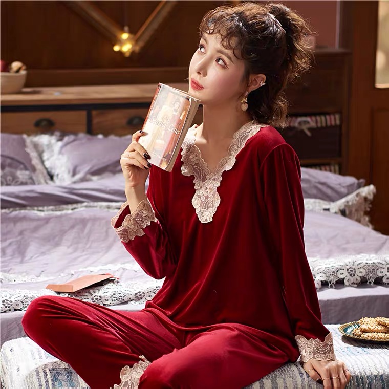 达芬奇密码冬季保暖金丝绒纯色套装蕾丝花边睡衣女居家服两件套