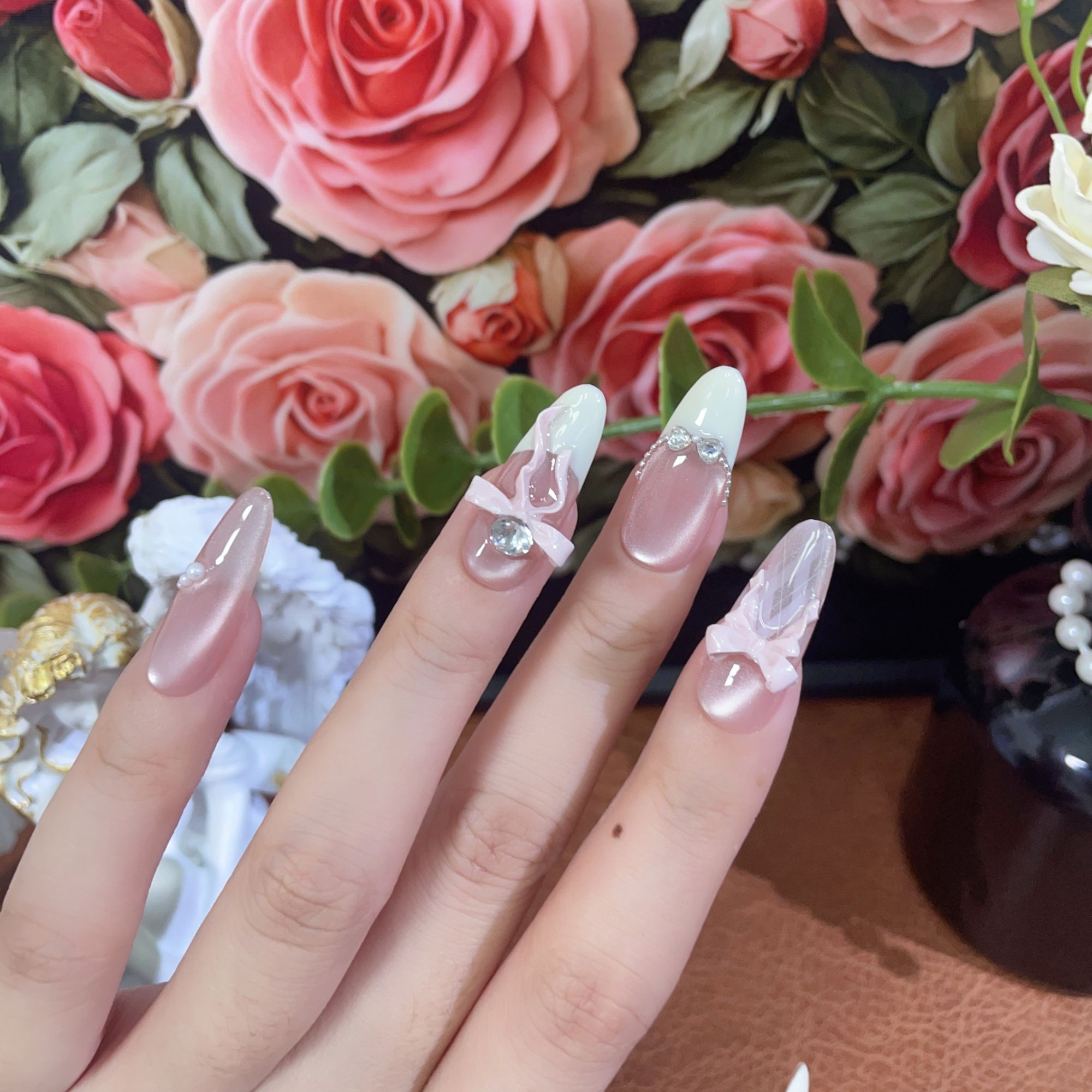 【粉缎芭蕾】纯手工高定猫眼手工穿戴甲气质美甲百搭仙女款