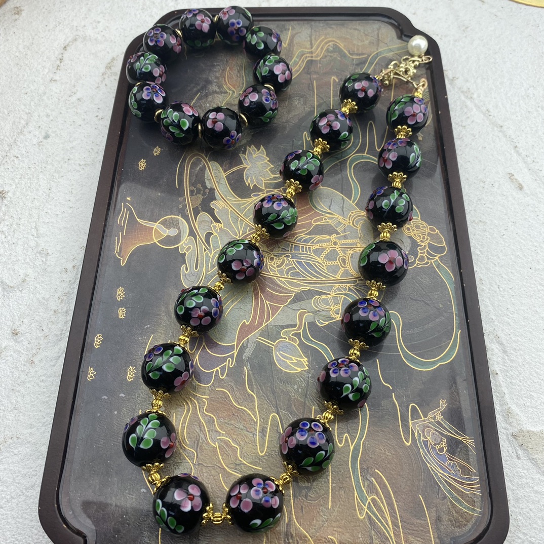 铜合金琉璃项链 花珠项链手工气质黑色复古优雅精美宫廷风百搭