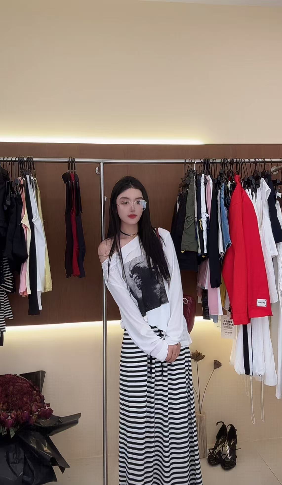 MEIDOU-9911【黑白条纹半身裙】高腰显瘦时尚休闲百搭