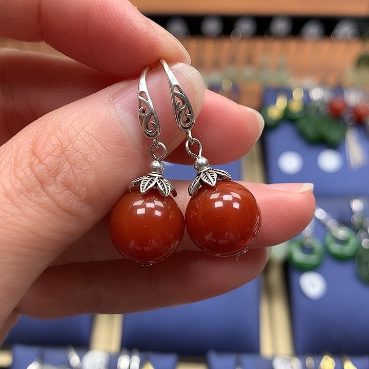 玛瑙/玉髓银S925镶嵌耳环12左右