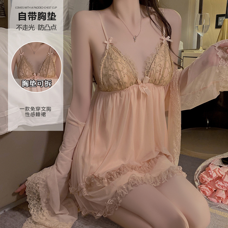 薇薇小店美网纱蕾丝深V加胸垫纯欲吊带睡裙外袍大码家居套装P睡衣