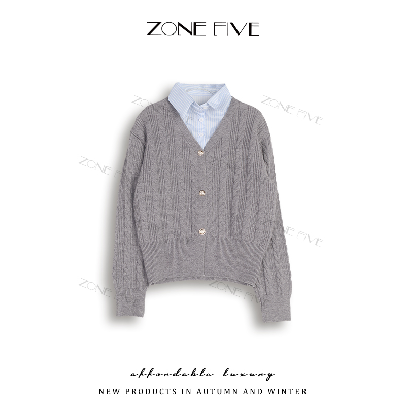 【zonefive】【D6016】2025新款polo领针织假两件时尚拼接开衫