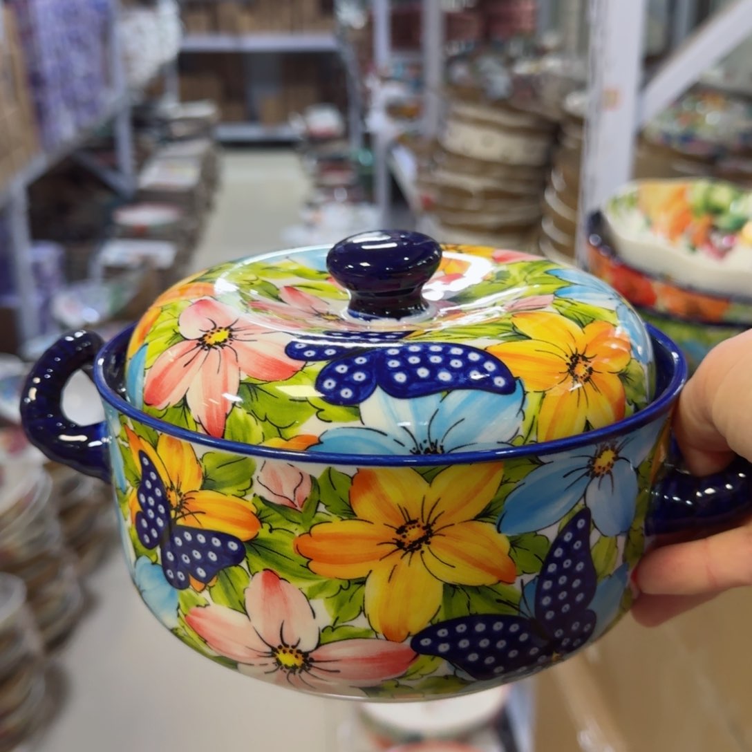 陶瓷6.5英寸蝴蝶双耳盖碗一只