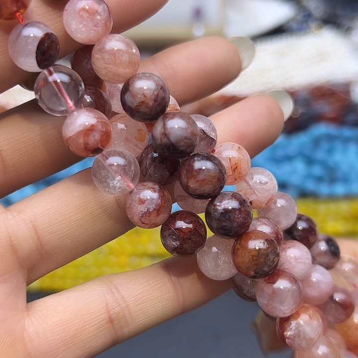 玛瑙/玉髓未镶嵌珠宝半成品T566  10m天然红胶花水晶圆珠一条