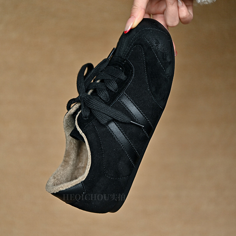 百搭黑色磨砂皮保暖加绒德训鞋女平底鞋 时尚休闲鞋女鞋冬