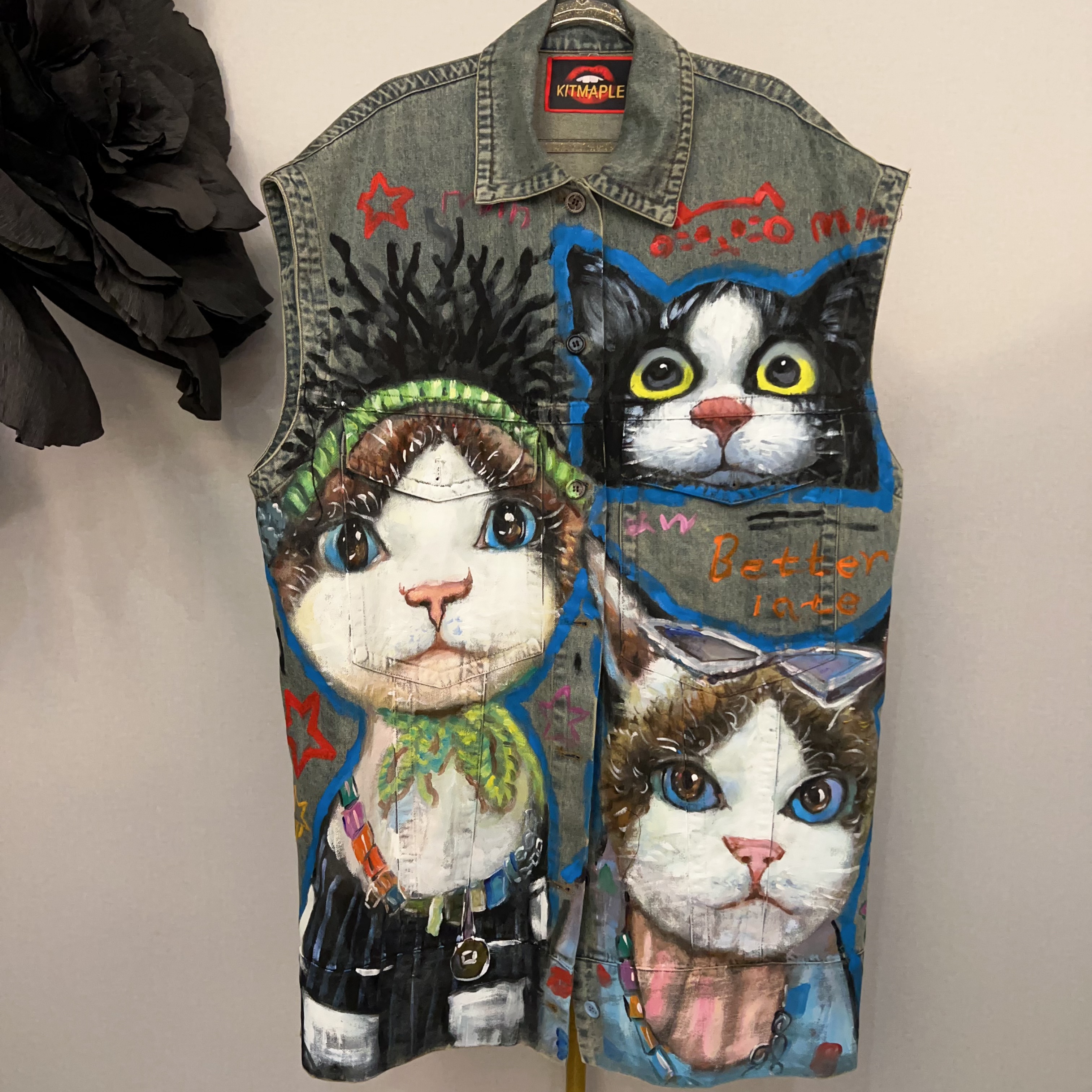 W1316时尚潮牌设计师款手工手绘个性卡通猫咪百搭无袖马甲