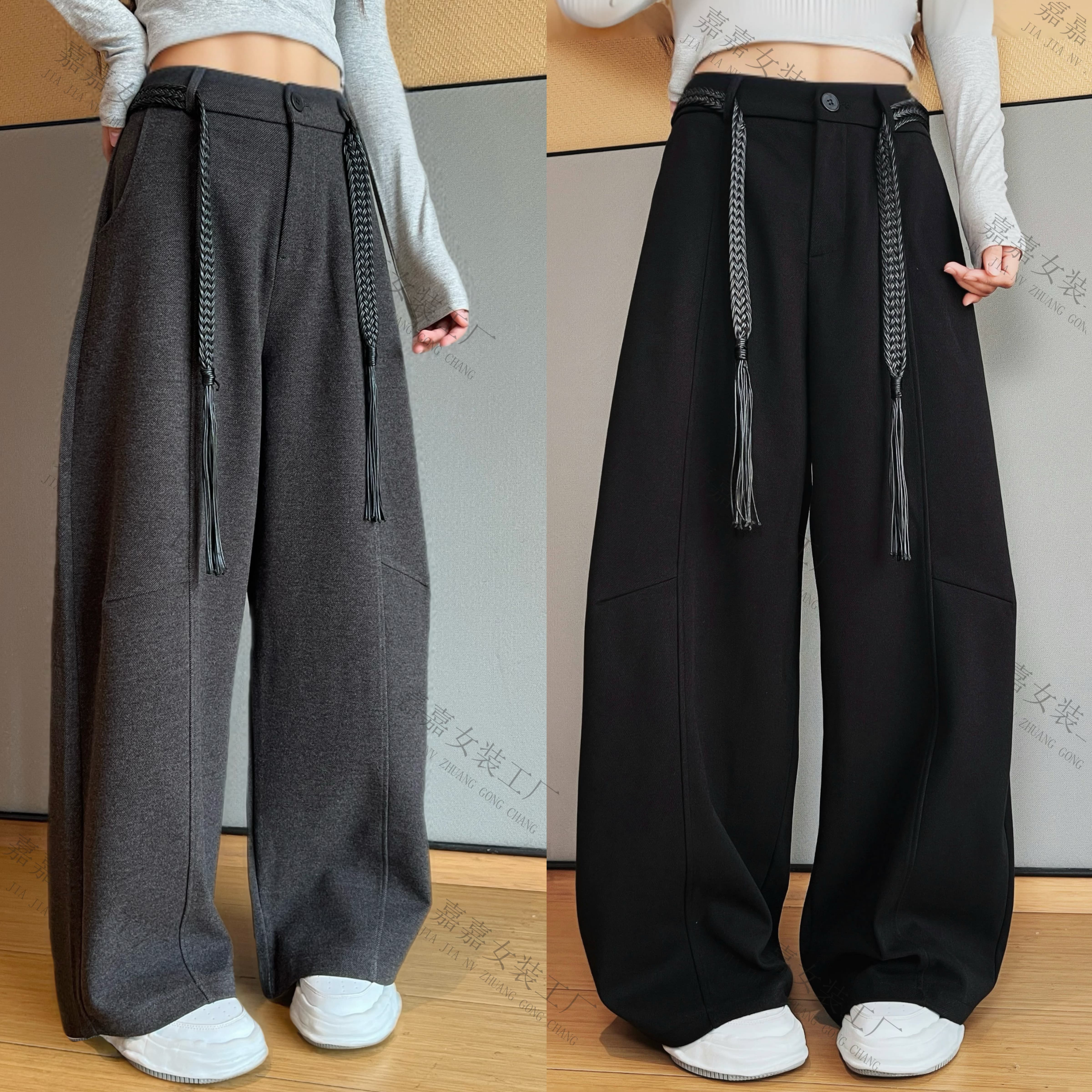 毛呢弯刀休闲裤女2025秋季新款高腰灰色西装阔腿裤直筒拖地休闲裤