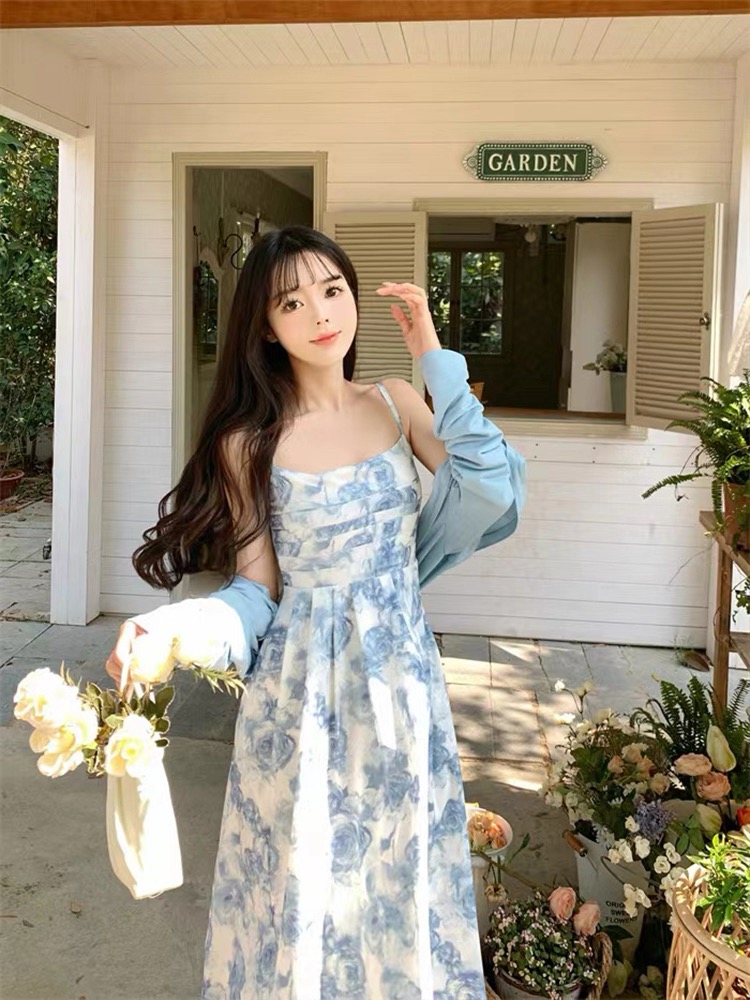 #法式名媛碎花连衣裙女显瘦吊带连衣裙遮肉显瘦披肩开衫套装#6601