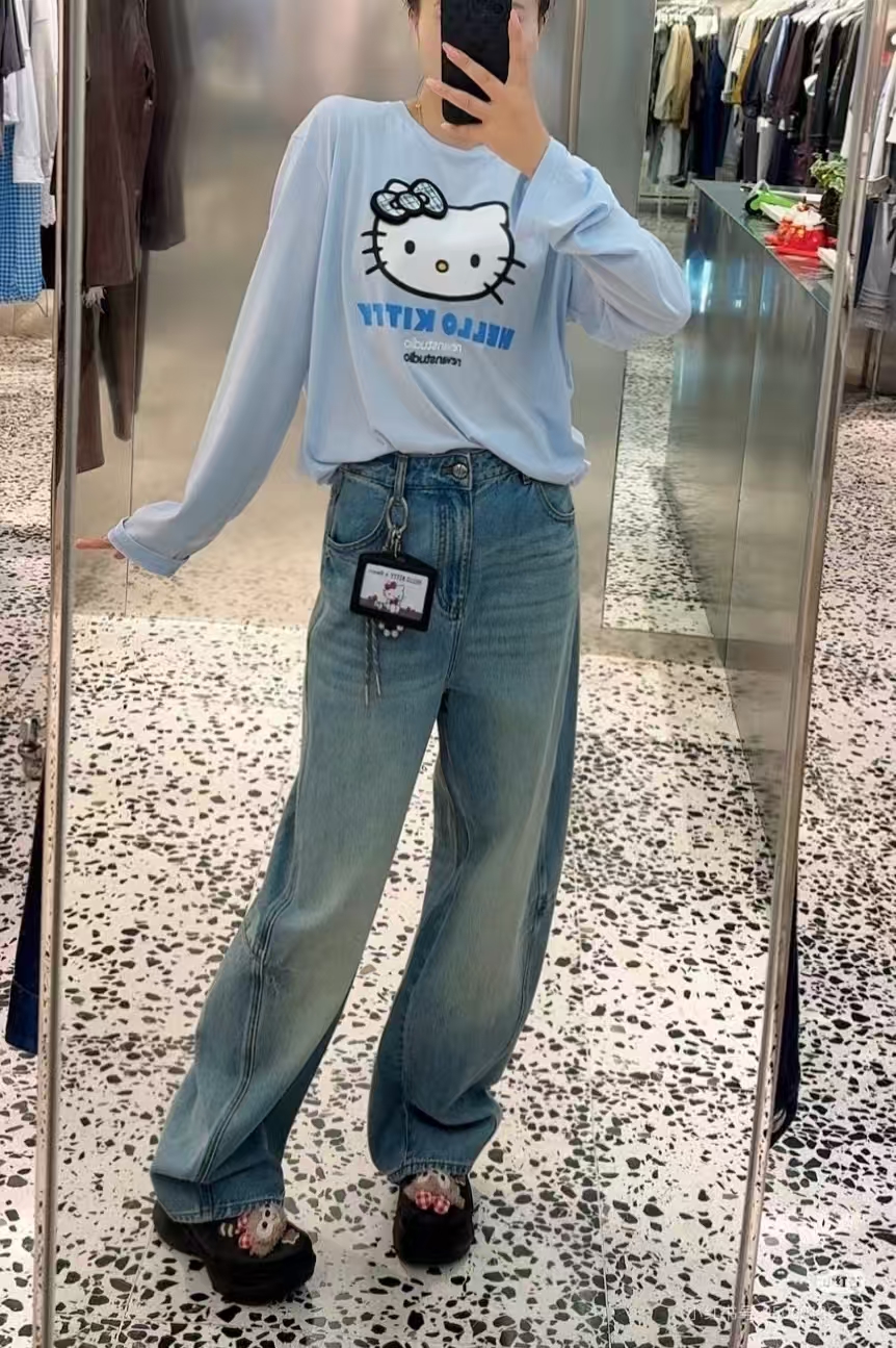 2025秋冬季新款卡通猫咪印花蝴蝶结魔术贴长袖t恤女