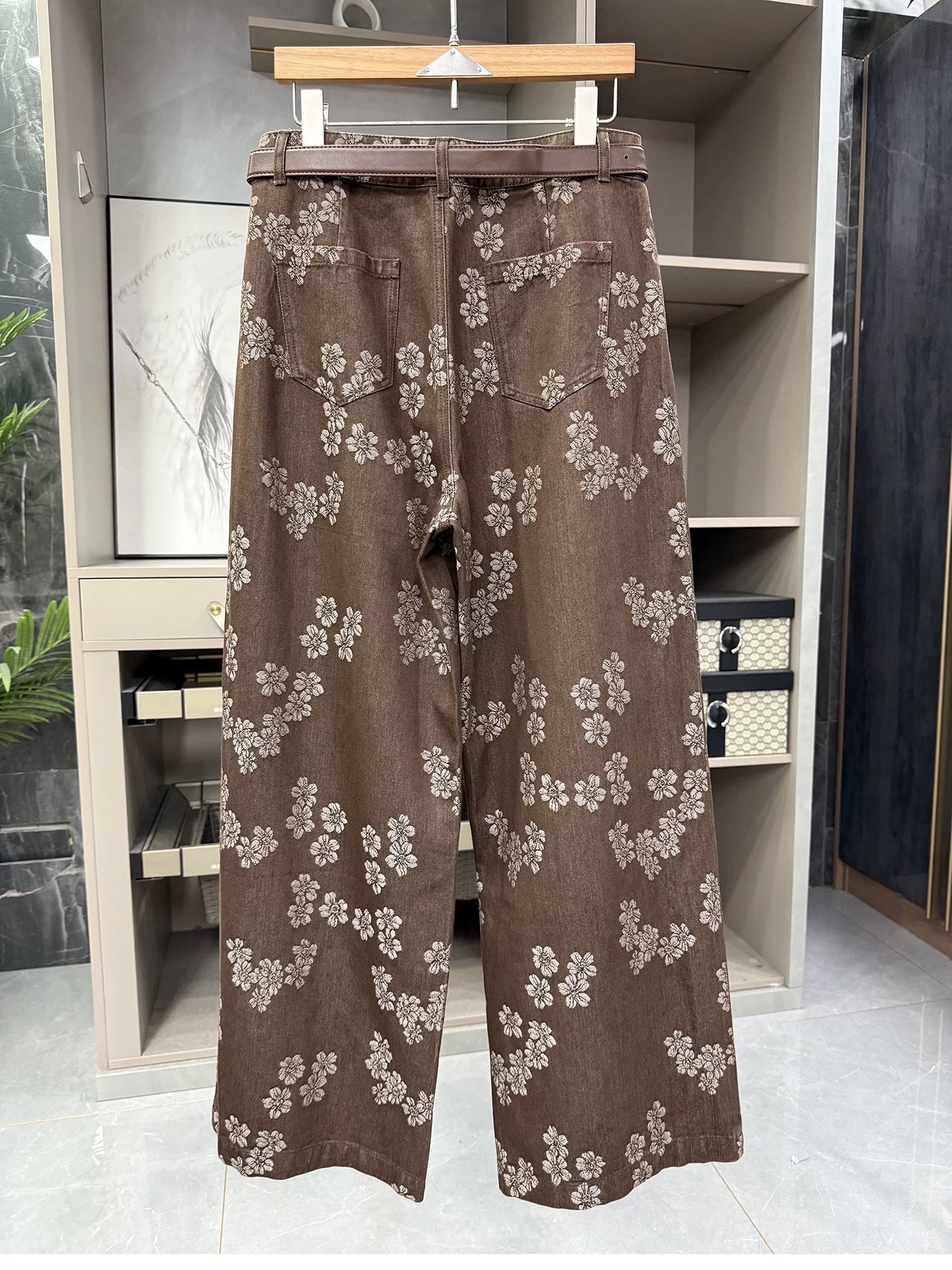 070千金风时尚裤子阔腿裤印花牛仔裤秋季提花直筒满印