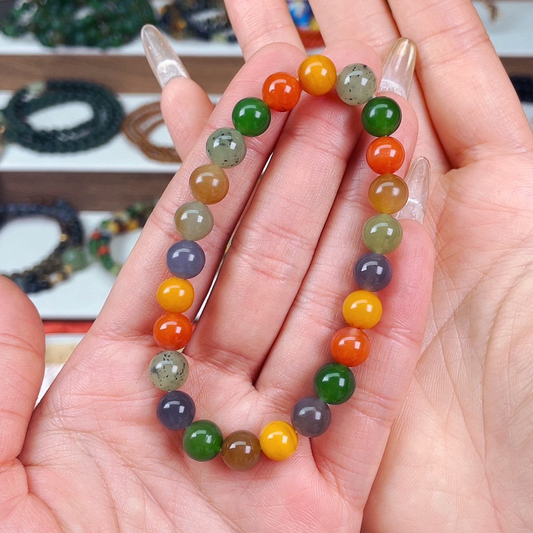 和田玉8mm彩虹多巴胺多宝单圈孤品未镶嵌