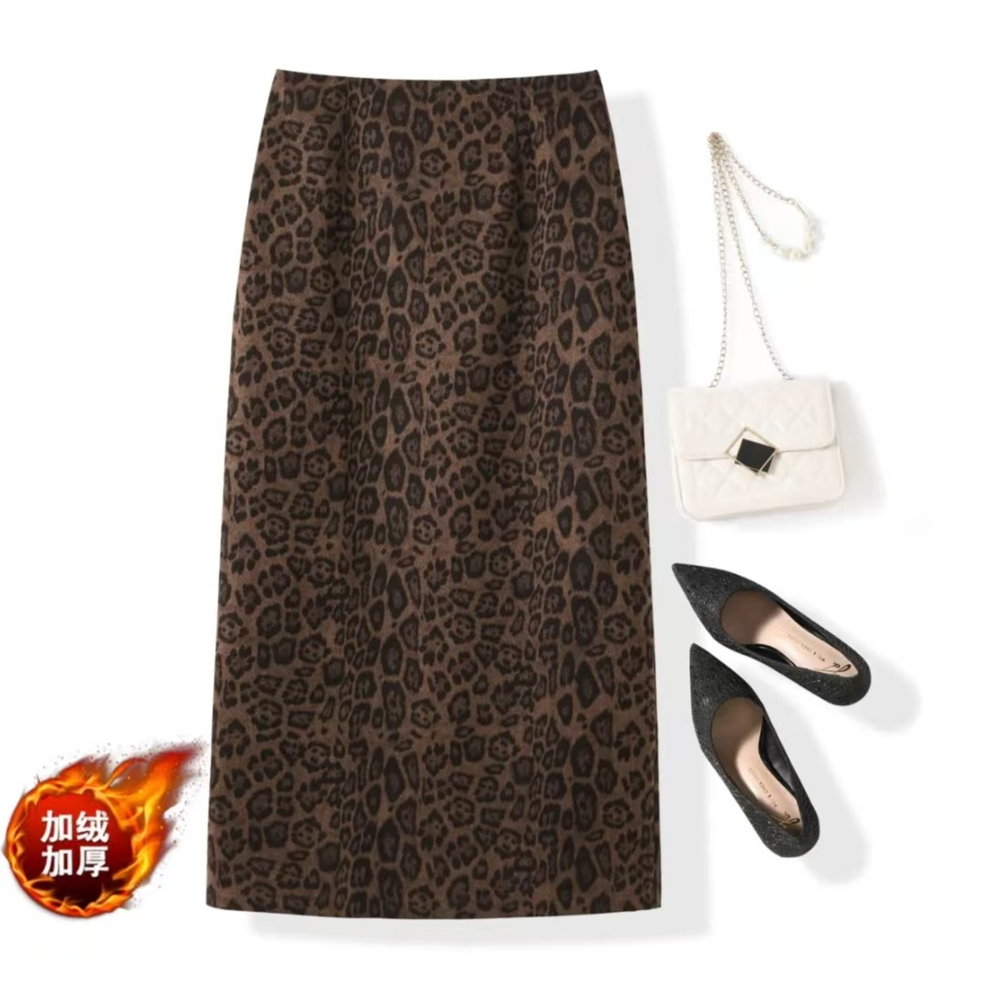 【3个裙长+后开叉】复古气质豹纹洋气女装春秋鹿皮绒后开衩半身裙