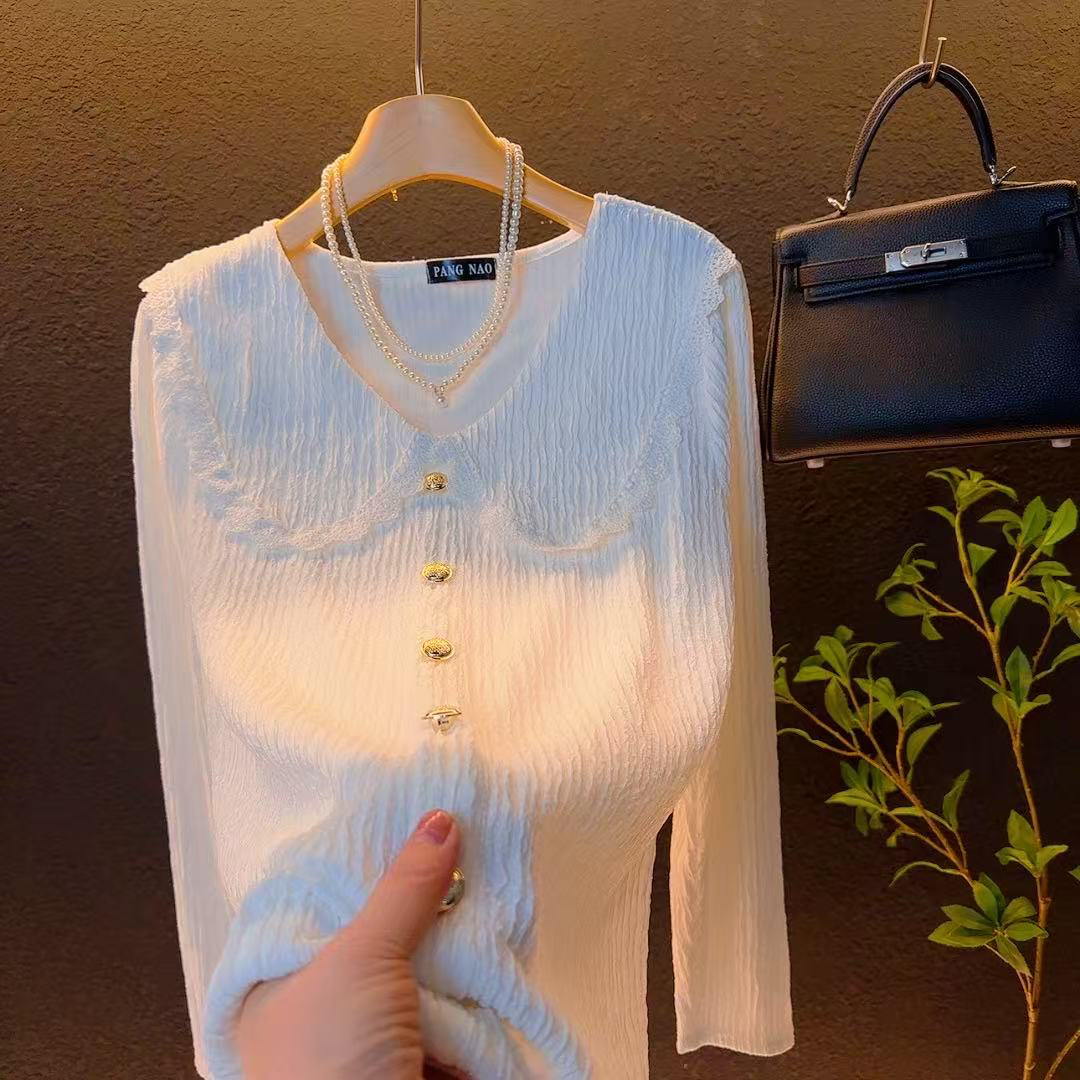 新款2025大码娃娃领千丝皱打底衫春季长袖宽松百搭洋气上衣/8818