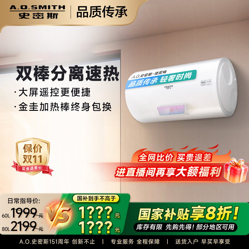 政府补贴AO史密斯佳尼特金圭内胆家用双棒速热大容量电热水器TT
