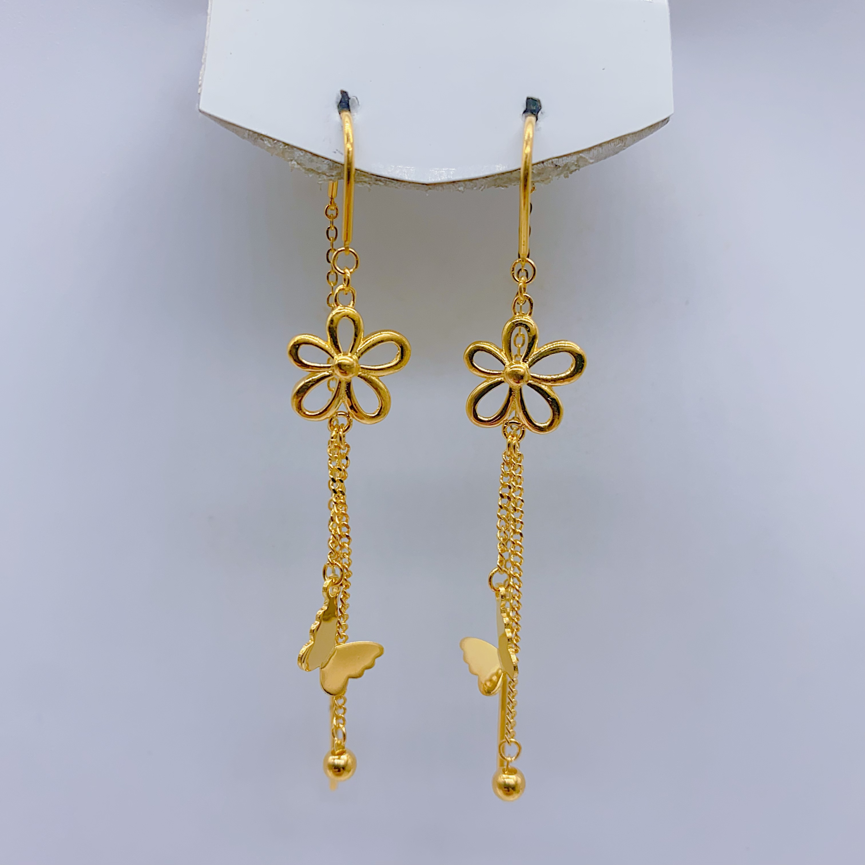 老庙黄金2 足金5G 格桑花蝴蝶流苏带珠u型耳线耳饰 3.99克