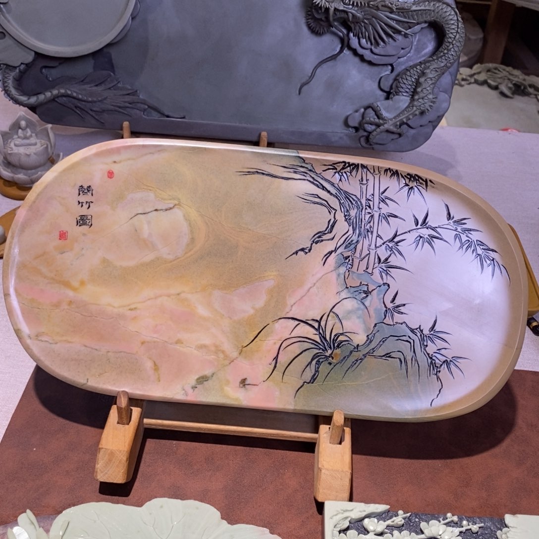 苴却砚石彩砚老料干泡台兰竹图作品