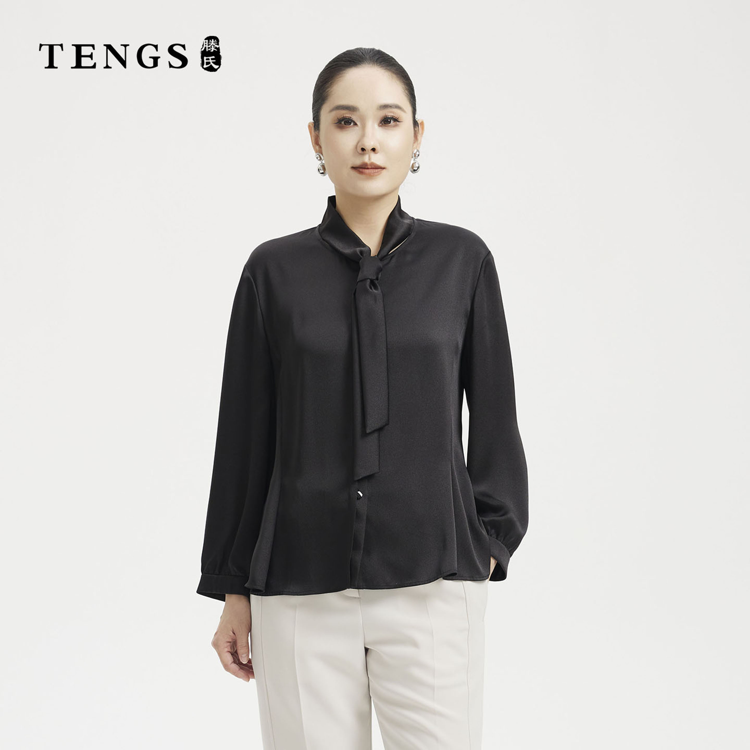 TENGS滕氏女装高奢哑光飘带领长袖衬衫