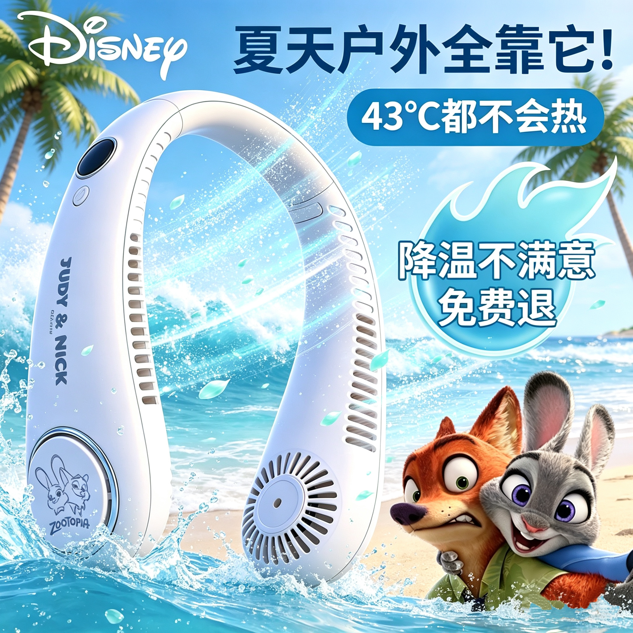 Disney/迪士尼挂脖风扇便携随身无叶usb夏季降温神器毕业礼物女生