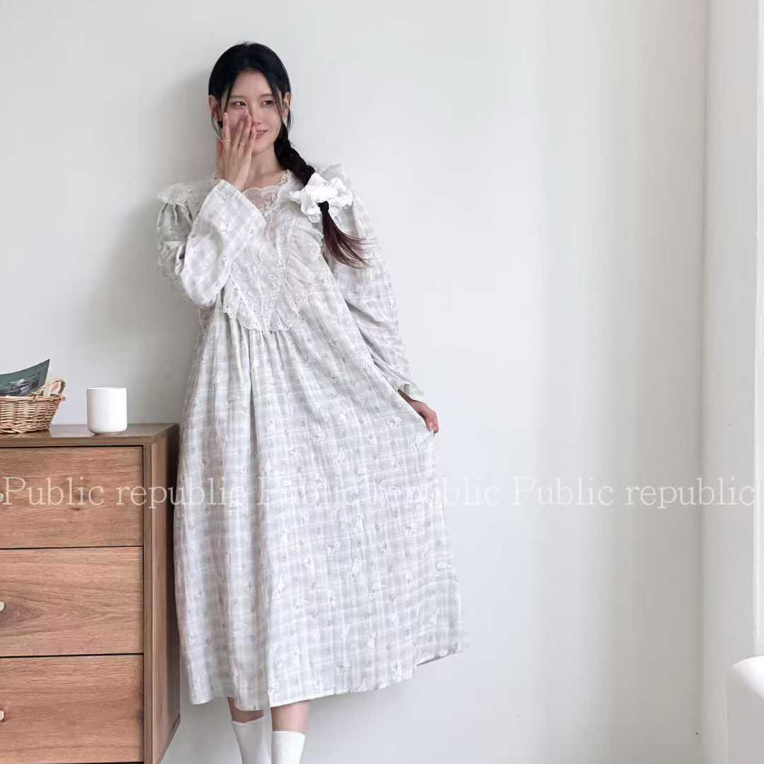 夏季宽松中长款花色蕾丝棉纱V领短袖女士睡裙