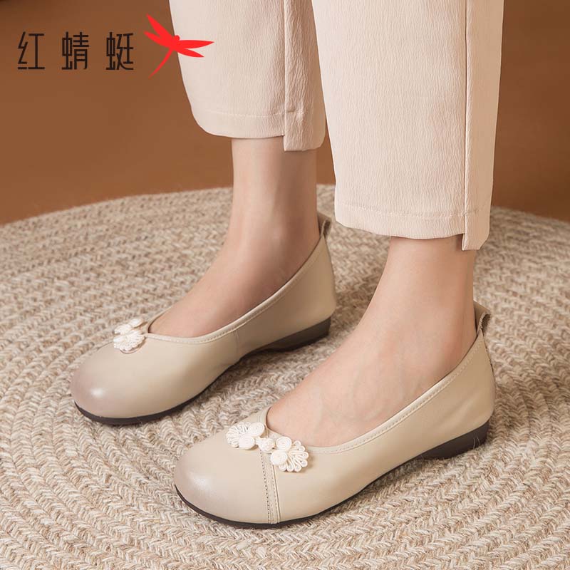 红蜻蜓新中式妈妈鞋2024新款女鞋中老年鞋子平底单鞋真皮软底皮鞋