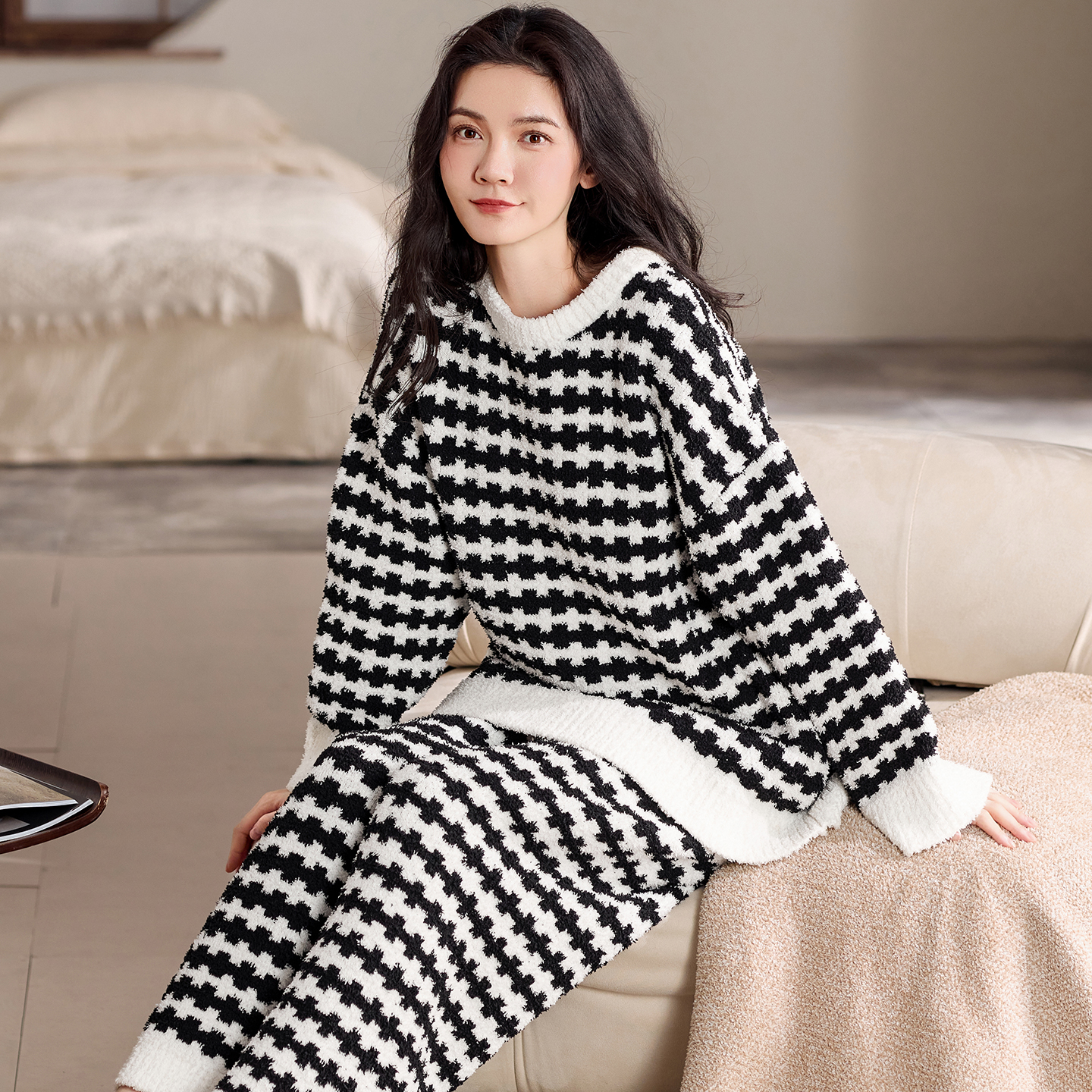 冬季新款半边绒条纹睡衣女ins简约高级加厚舒适保暖家居服可外穿