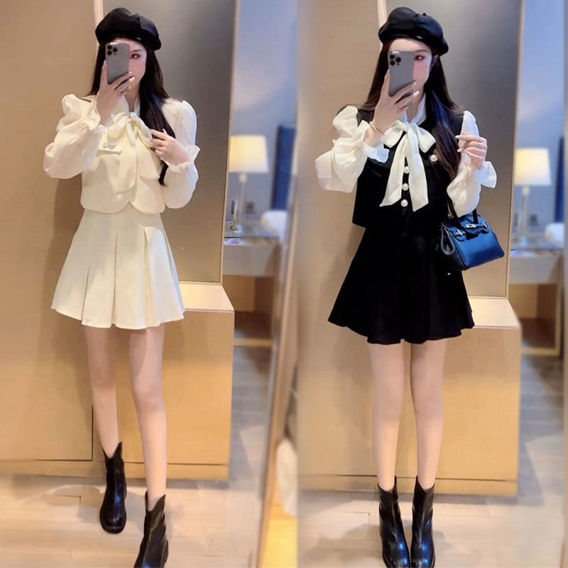 小个子名媛时尚气质小香风蝴蝶结欧根纱拼接上衣百褶裙减龄两件套