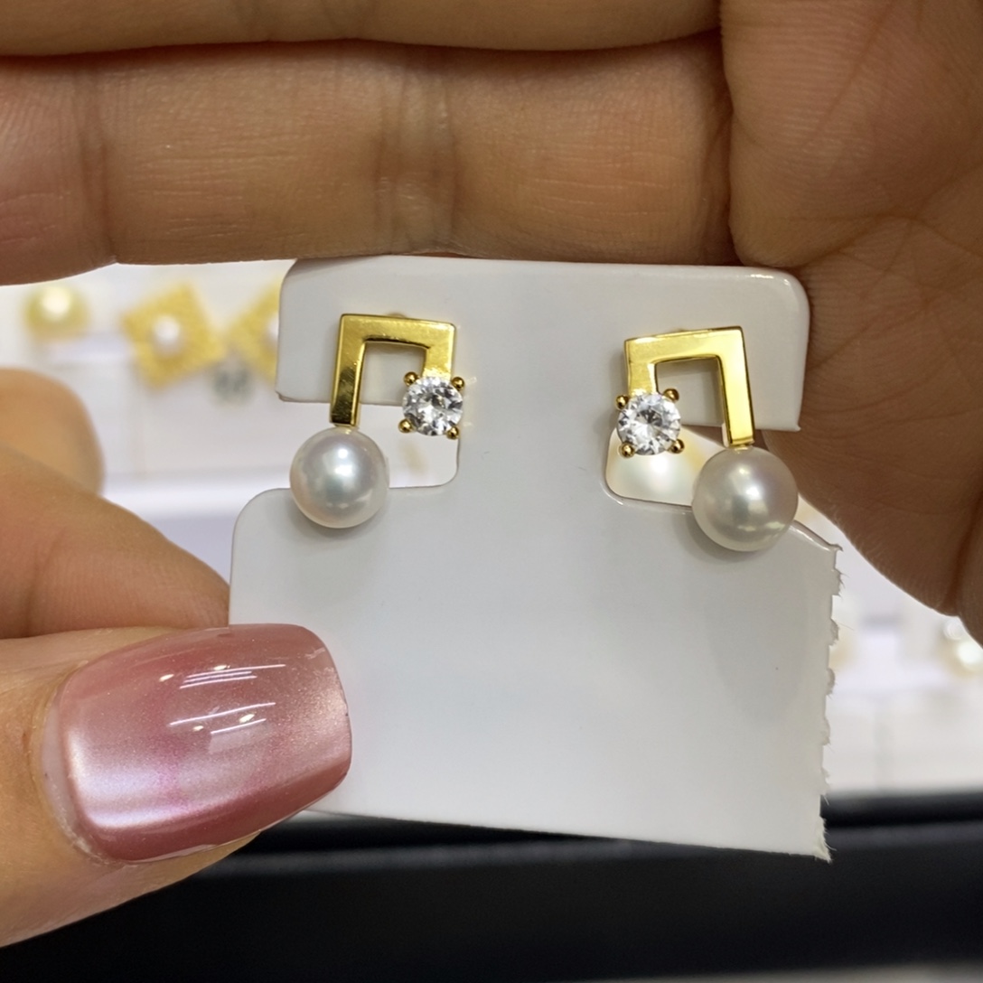 银S925镀金镶嵌耳饰淡水珍珠