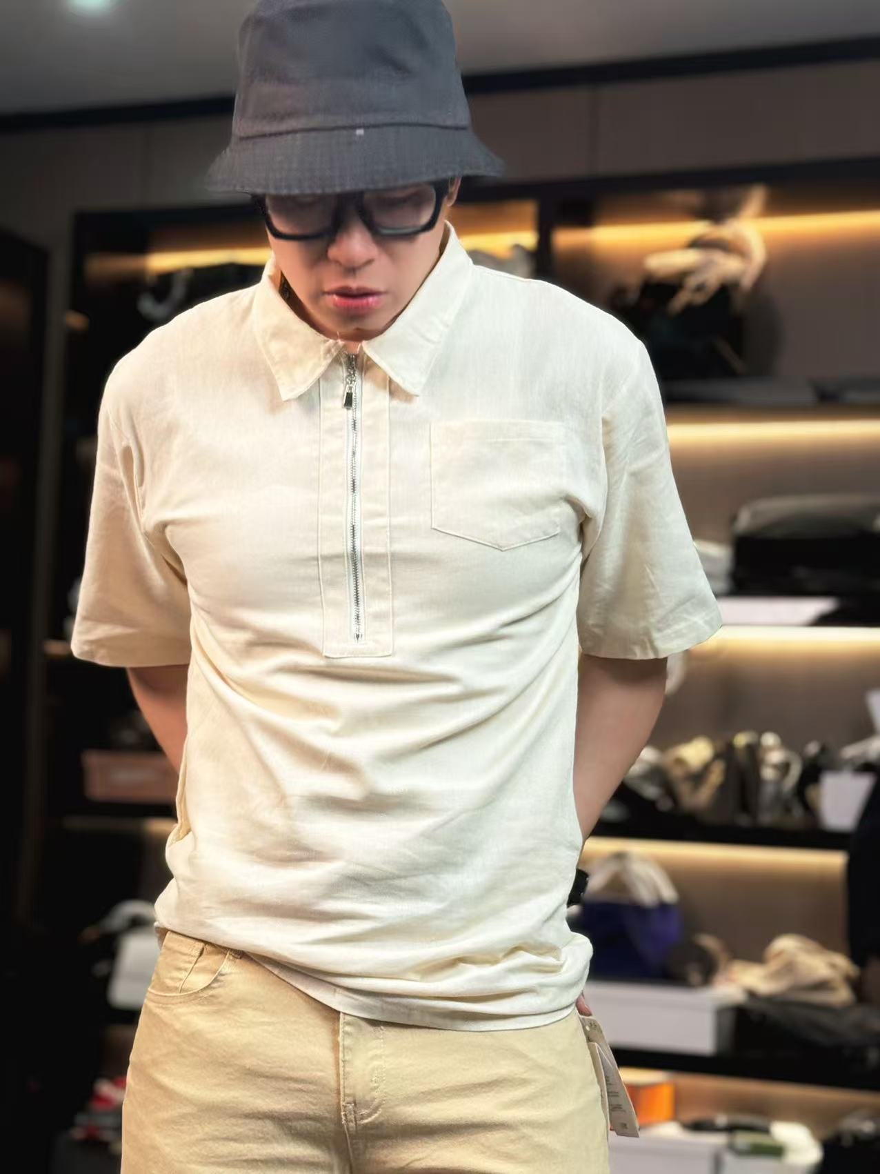 31329-纯色半拉链隐藏口袋翻领休闲短袖Polo时尚百搭宽松