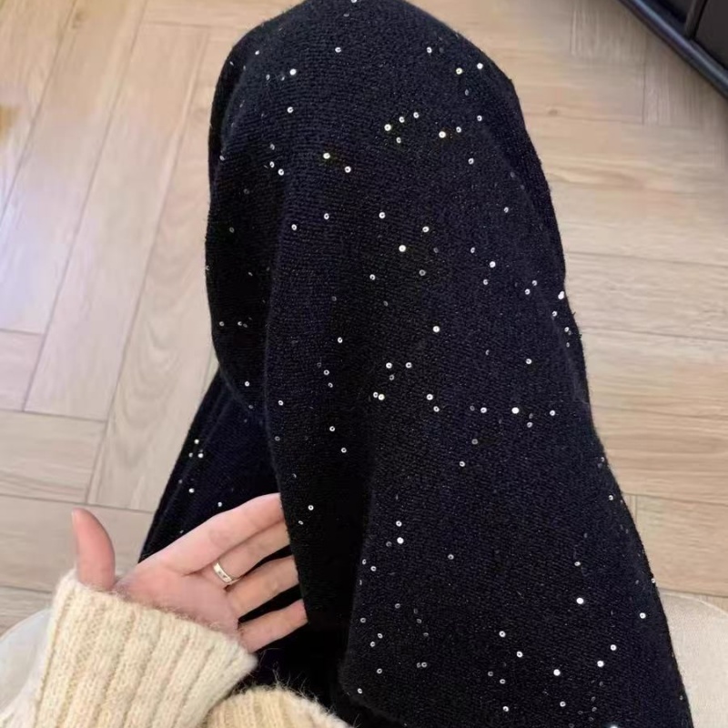 羊范2025新款桑蚕丝黑色星空亮片窄版阔腿裤女羊毛休闲裤宽松卫裤