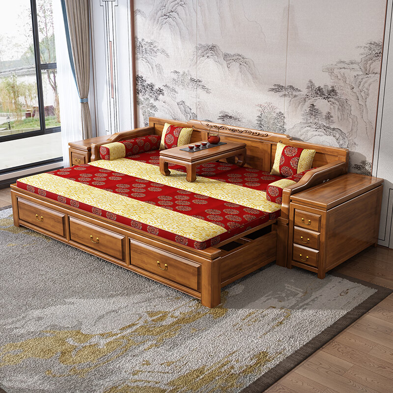 新中式香樟木罗汉床推拉床禅意沙发床客厅小户型现代简约全实木