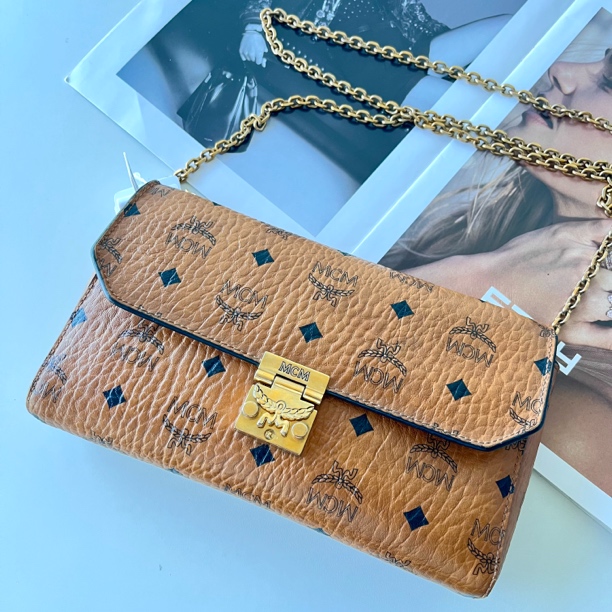 95新 MCM XM/经典干邑色信封链条斜跨单肩腋下包/KH06506005